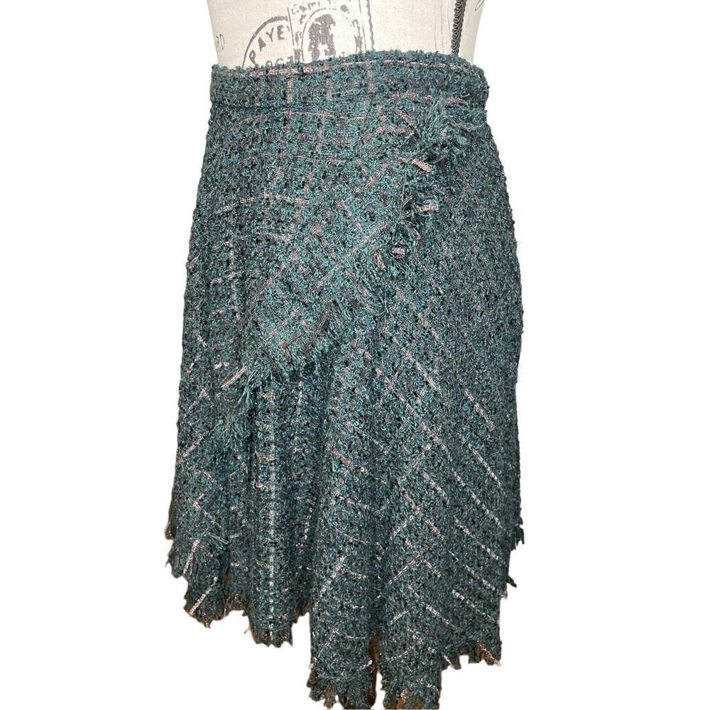 Eva Franco Tweed Wrap Skirt Womens 8P Teal Green Excellent Frayed Fringe Wool
